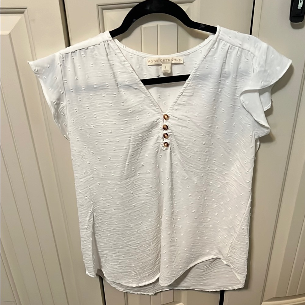 White Flutter Sleeve Blouse with Buttoned Detail